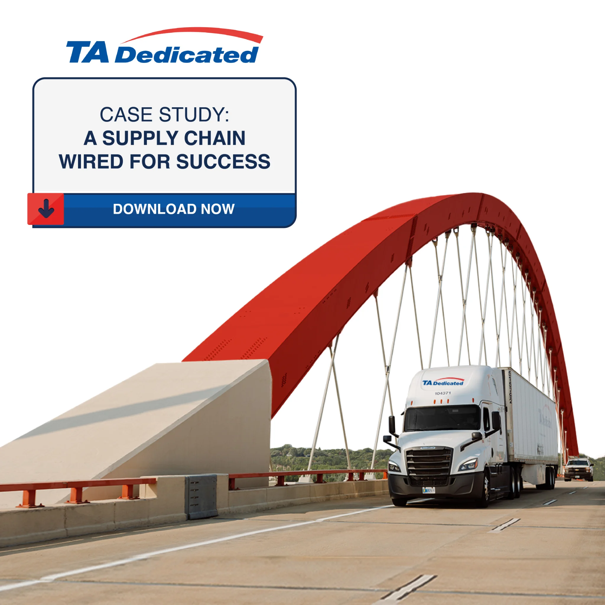 TA Dedicated truck crossing a red arch bridge featured in the Wiremold customer case study demonstrating a successful supply chain partnership