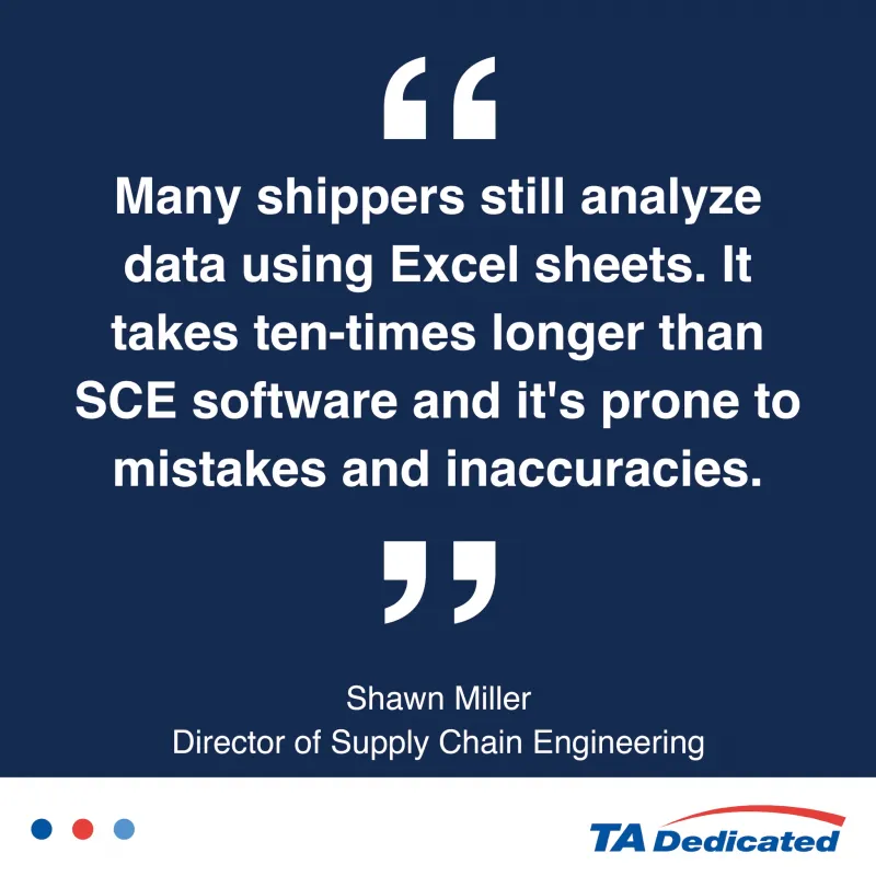 Quote from Shawn Miller explaining how supply chain engineering software helps shippers avoid errors from Excel-based logistics analysis