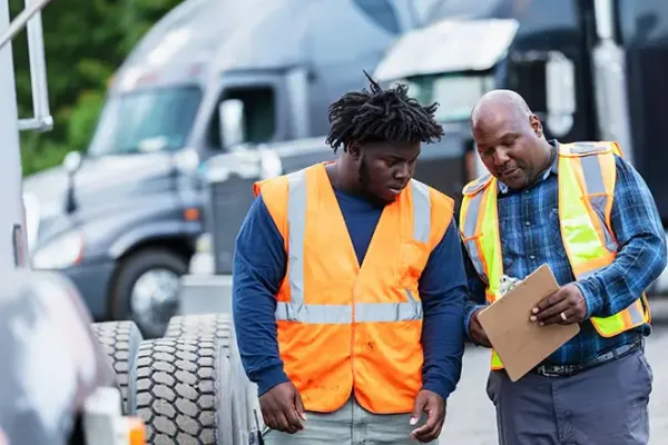 Dedicated drivers reviewing safety inspection.